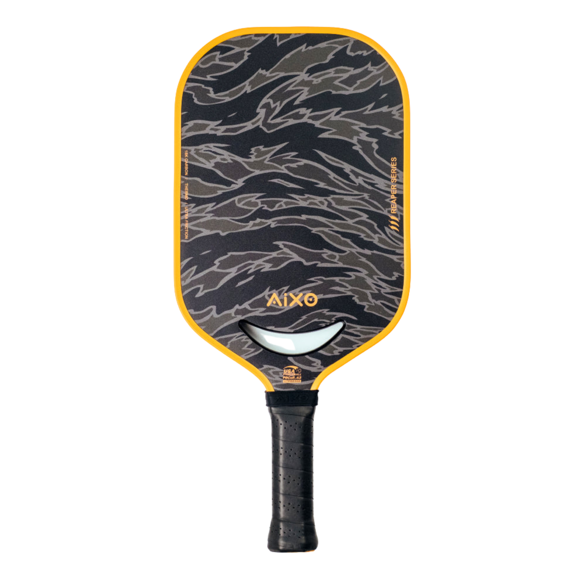 Aixo P14C Reaper Series Tiger King 18K Raw Carbon Pickleball Paddle, Black/Orange, back view