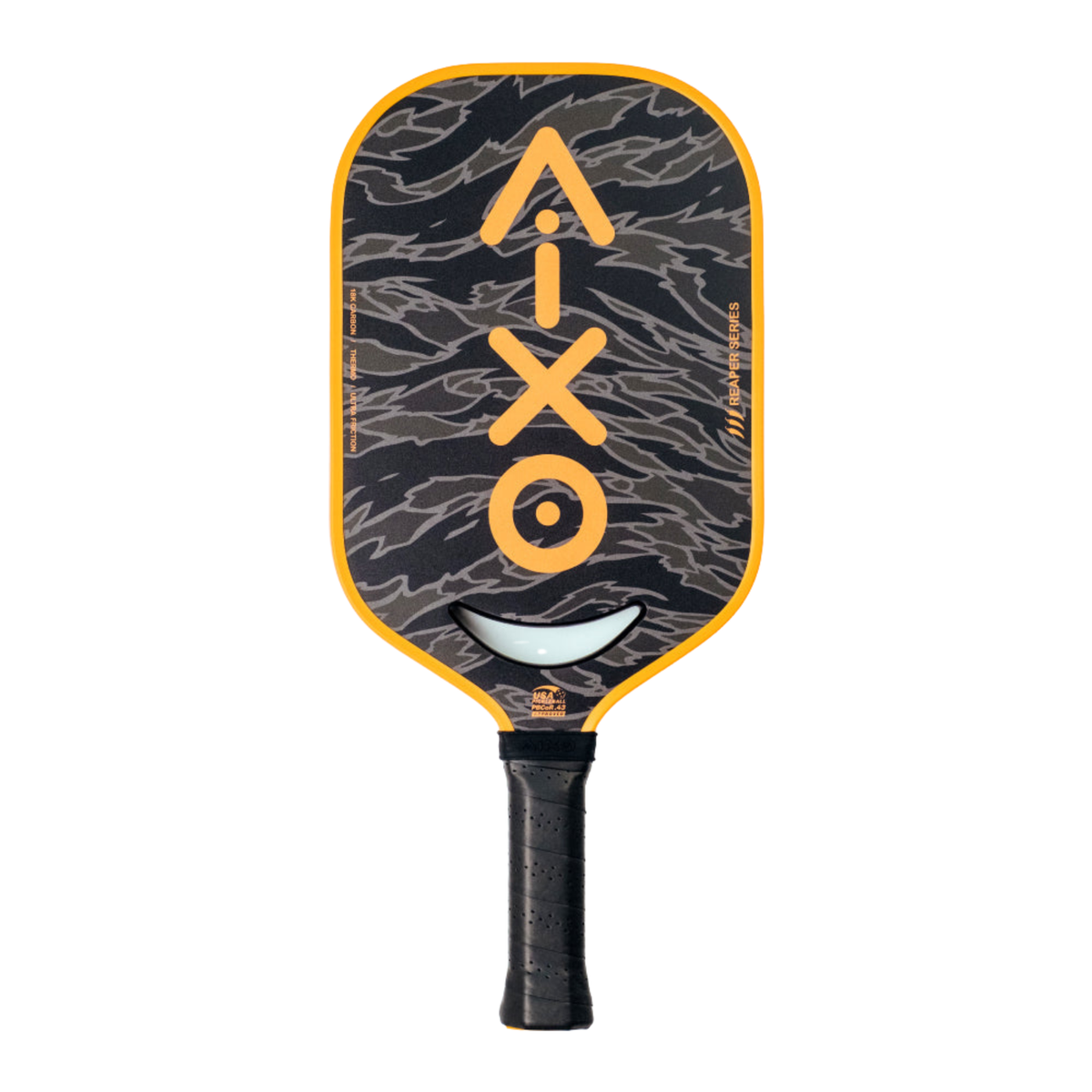 Aixo P14C Reaper Series Tiger King 18K Raw Carbon Pickleball Paddle, Black/Orange, front view