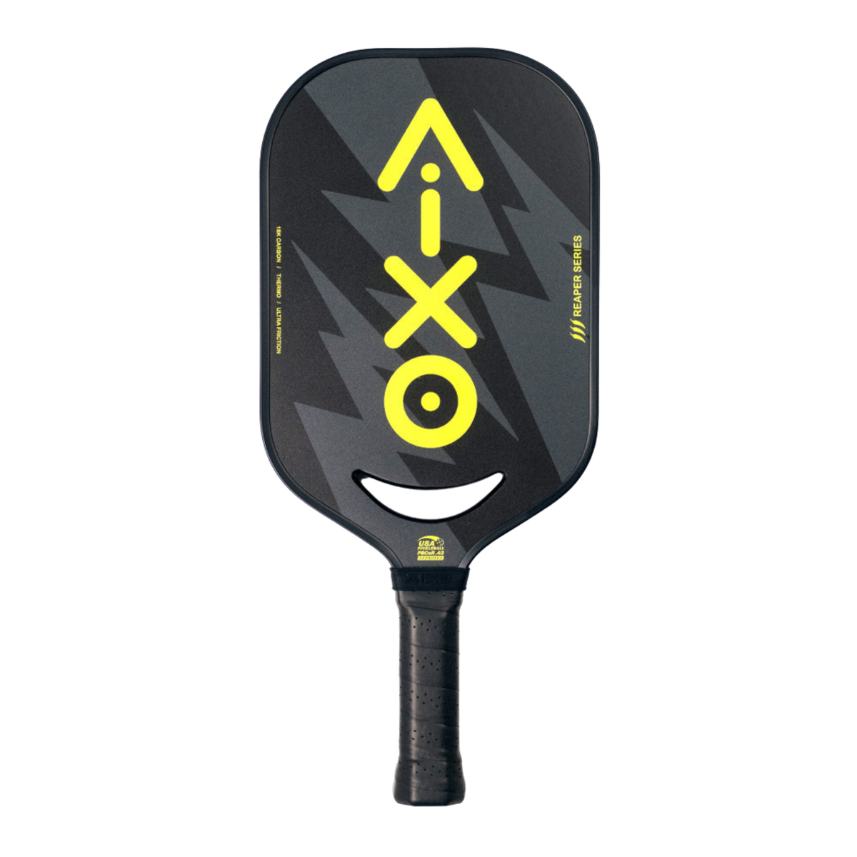 Aixo P14C Reaper Series Insane Bolt 18k Raw Carbon Pickleball Paddle, Black/Yellow, front view