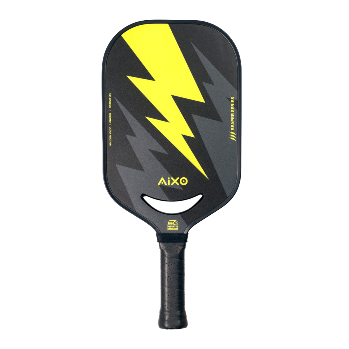 Aixo P14C Reaper Series Insane Bolt 18k Raw Carbon Pickleball Paddle, Black/Yellow, back view