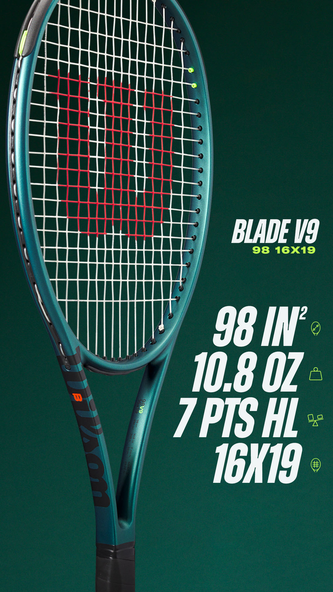 Wilson Blade 98 v9 16x19 Tennis Racket, 305g Unstrung, Green/Black, back view