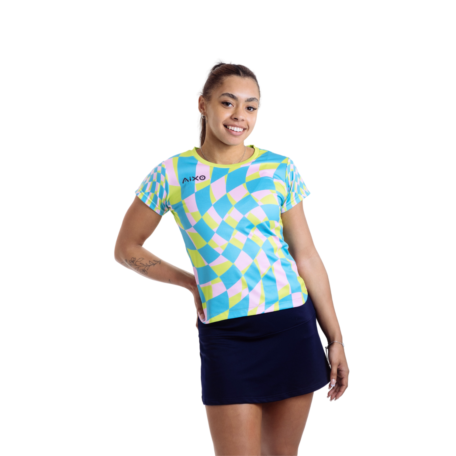 Aixo Checker Womens T Shirt Grey Check T Shirt Aixo