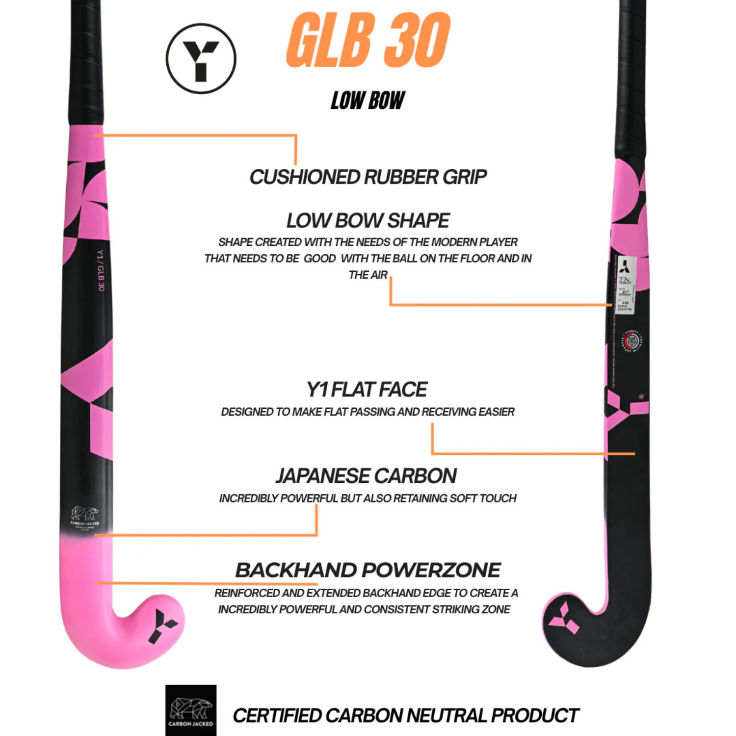 Y1 GLB 30 Hockey Stick 2026/27 525g - Pink Hockey Sticks Y1