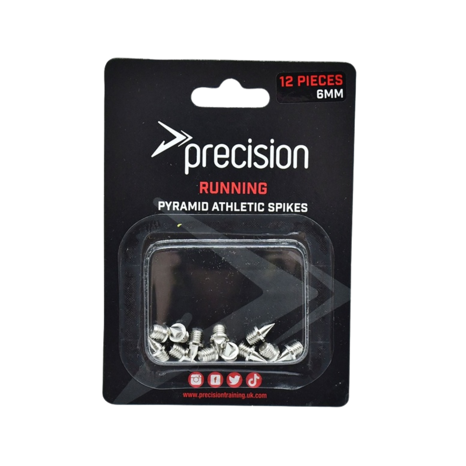 Precision 6mm pyramid track spikes, front view