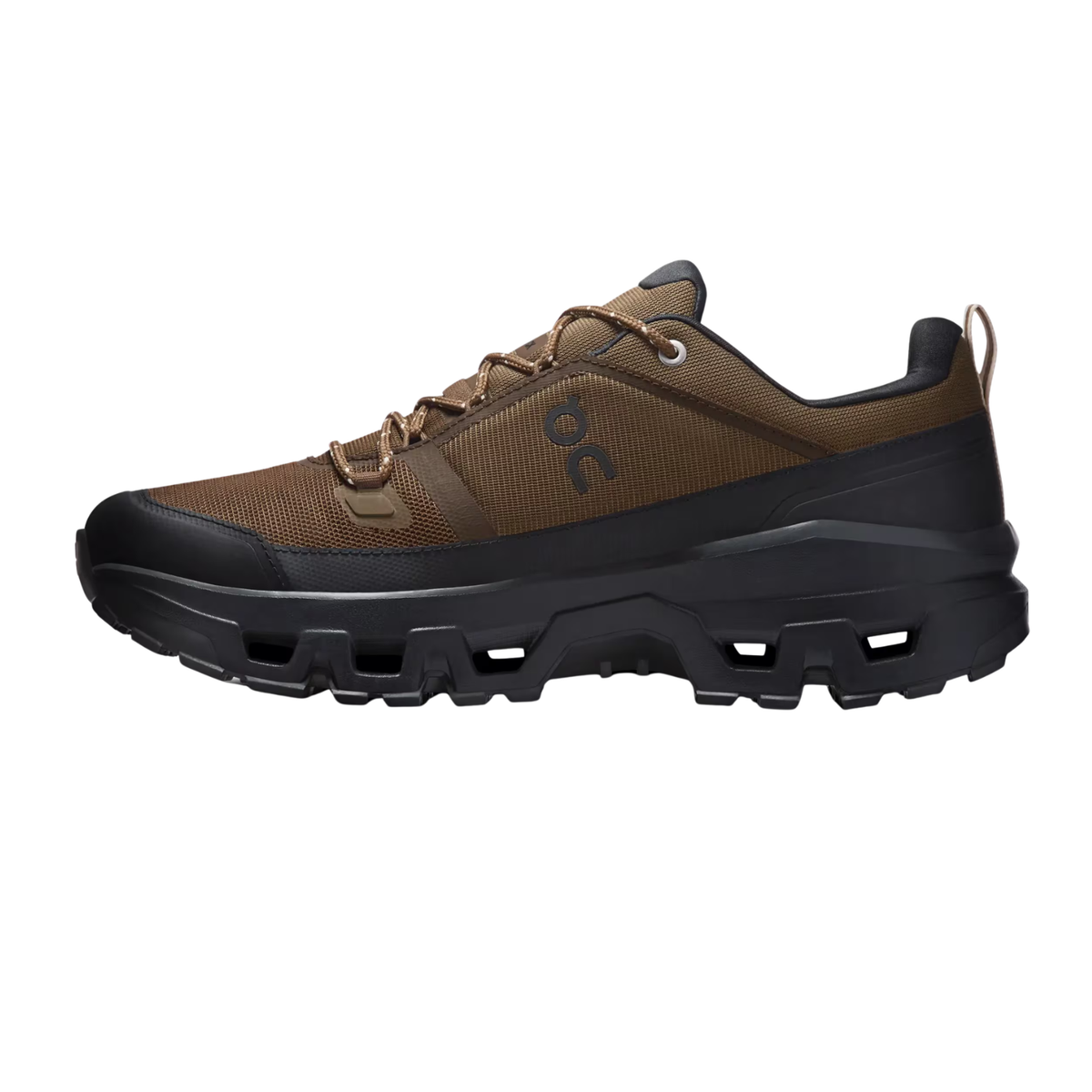 On Running Cloudrock Low Waterproof Men's Hiking Shoes, Earth/Black, front view