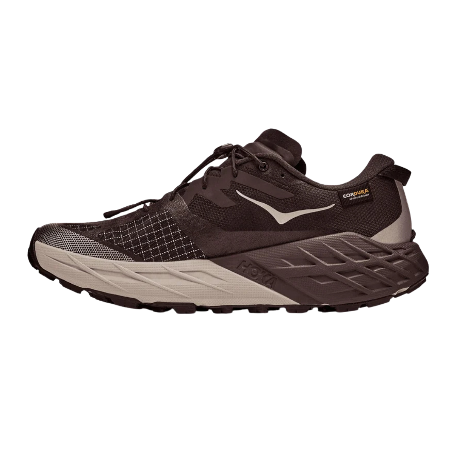 Hoka Speedgoat 7 GTX Trail Shoe Men, Spiced Chocolate/ River Rock Grey, back view