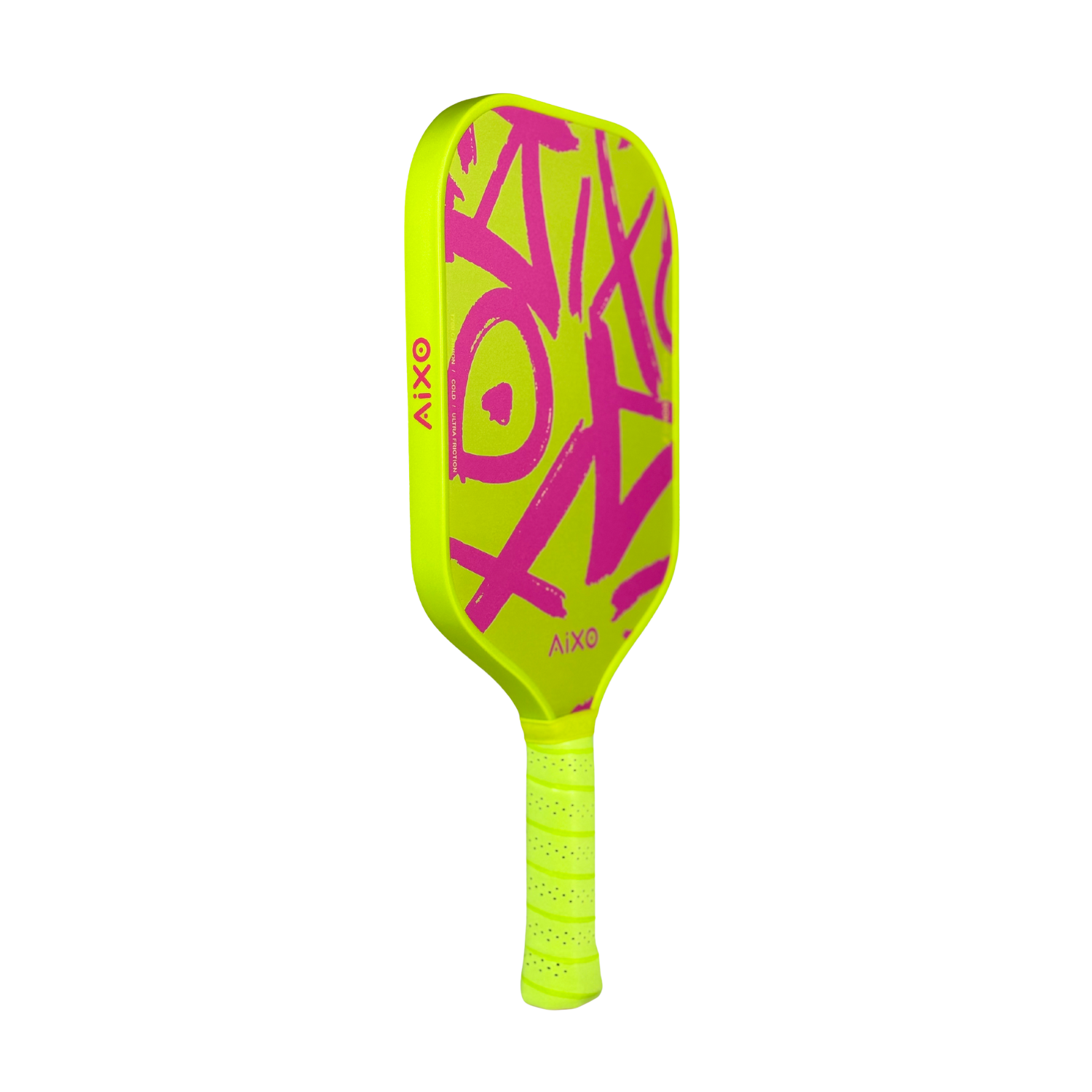 Yellow and pink pickleball paddle with 'Aixo' branding on a white background