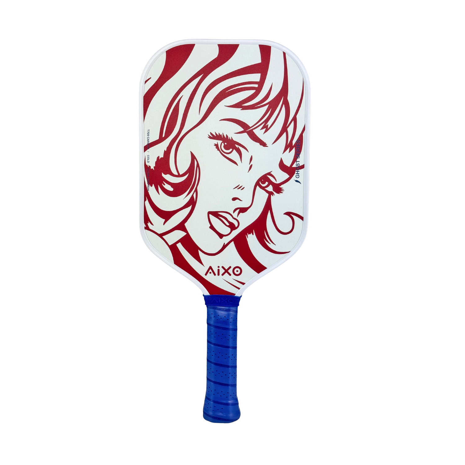 Front view of AIXO CP03 Ghost Popstar — a red-and-white pop-art pickleball paddle with blue handle.