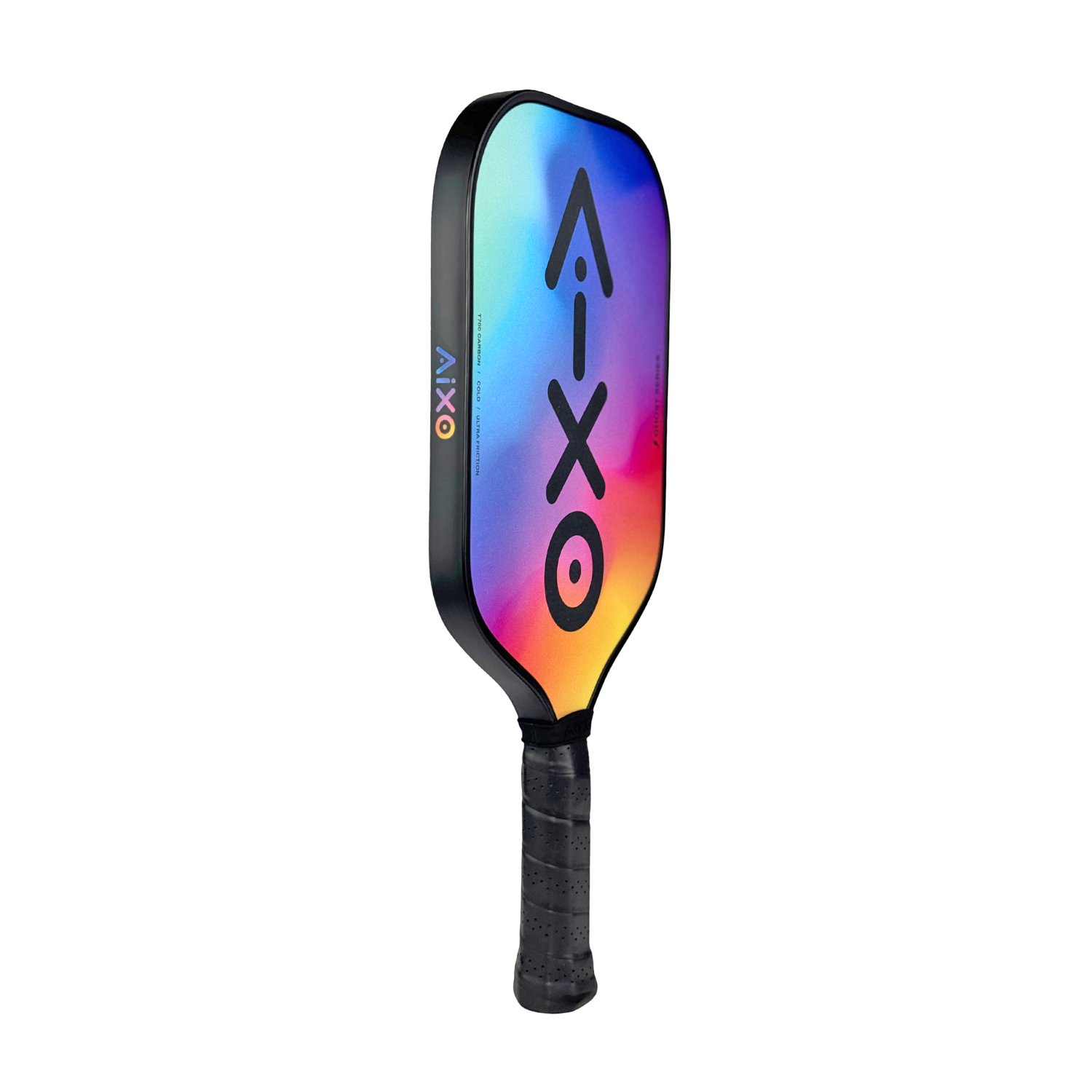 Side profile highlighting the sleek carbon frame of the AIXO colourful pickleball racket.