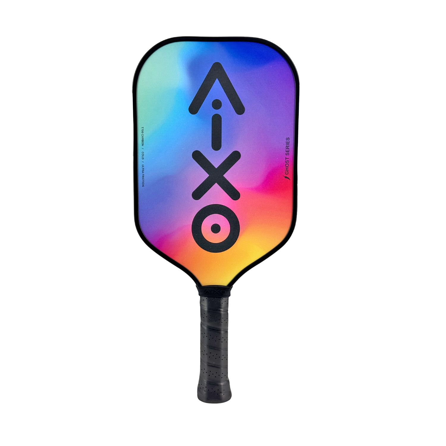 Front view of AIXO CP03 Ghost Prism Break — a rainbow raw carbon pickleball paddle with striking gradient finish.