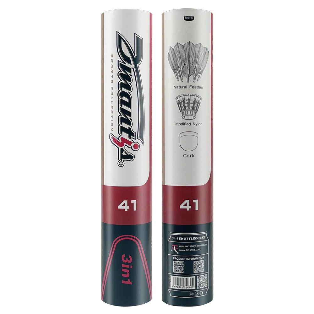 Two Dmantis badminton shuttlecock packages on a white background